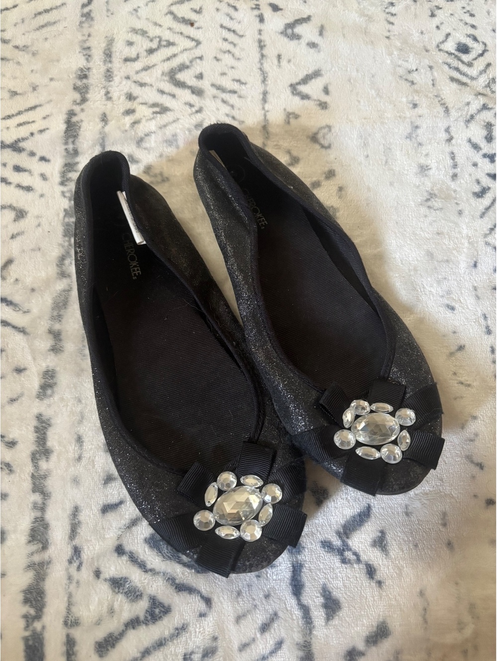 Cherokee Black Glitter Ballet Flats with Jewel Accent Size 8